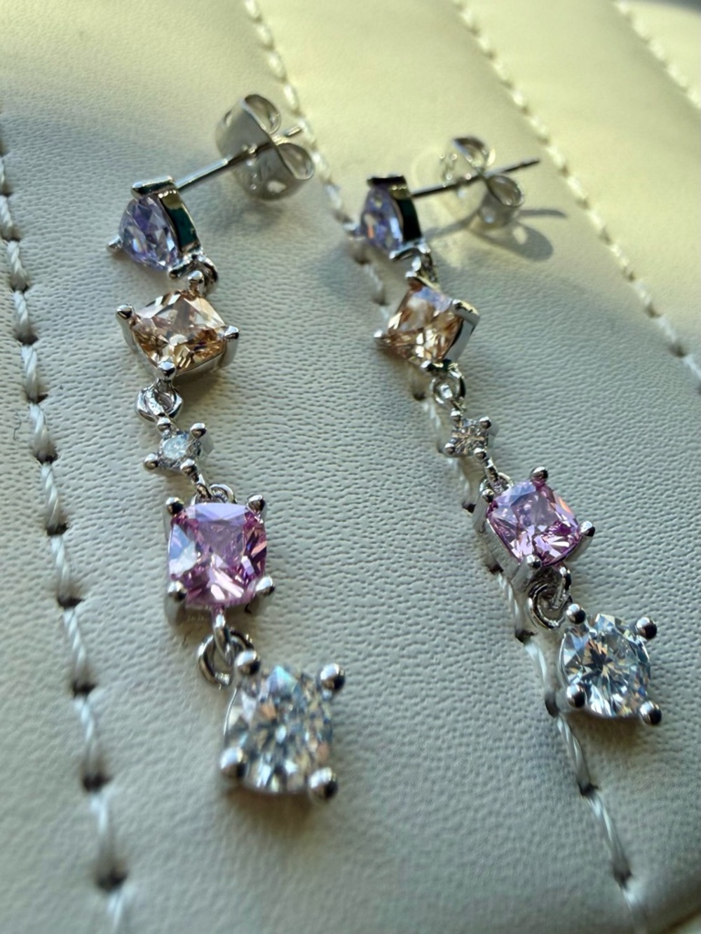 NEW! 14k White Gold Plated Multi-Stone Drop Earrings - Pink, Yellow & Clear - Picture 9 of 10
